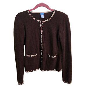U Knit Brown Animal Print Trim 100% Cashmere Cardigan Sweater Size S